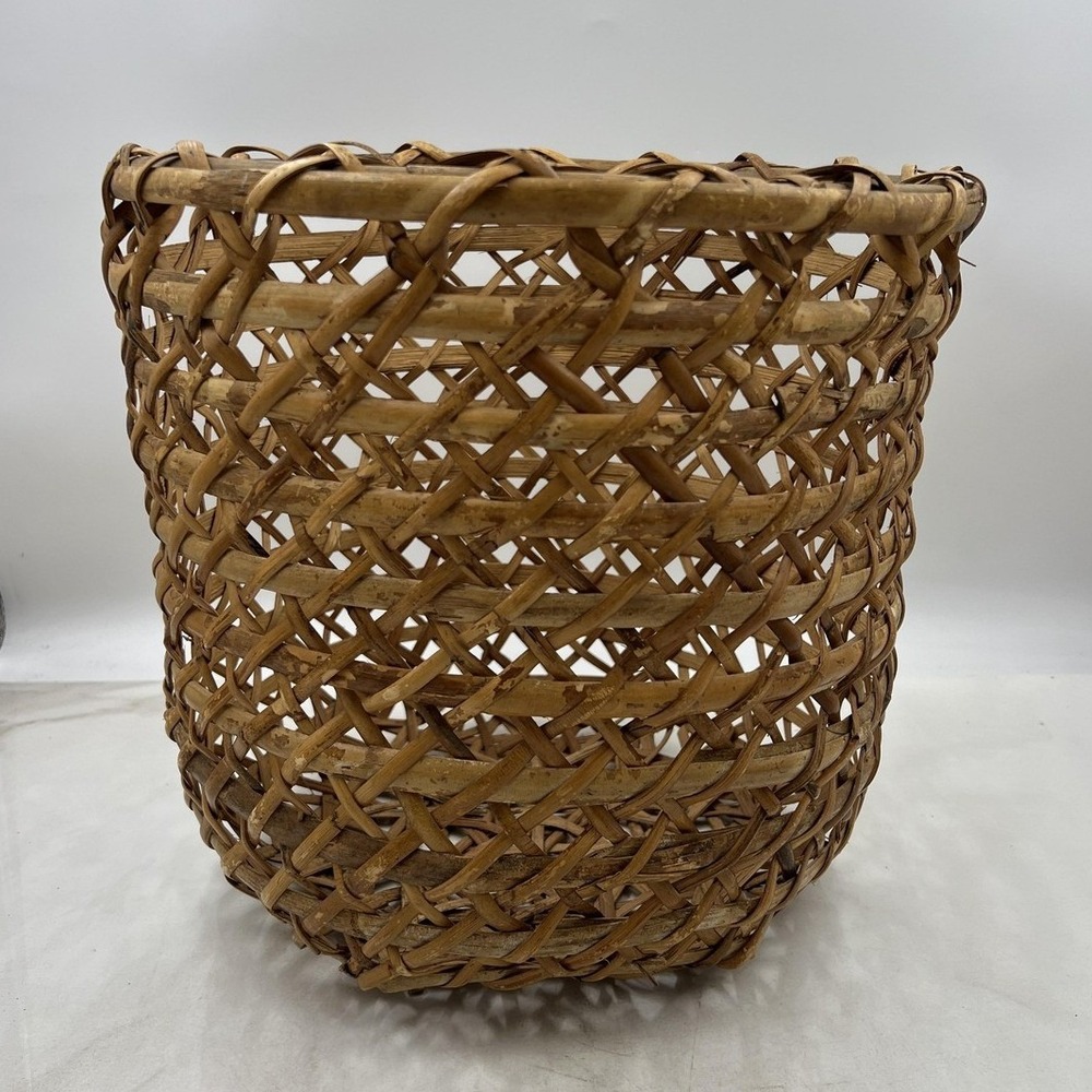 Vintage Woven Wicker Basket Open Weave Wastebasket Natural Boho Planter 13 in
